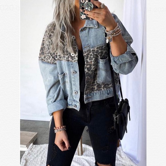 RESTOCKED ~ CONTRAST LEOPARD PRINT DENIM JACKET - Picture 9 of 10